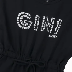 Gini And Jony Girls Black Typographic Print Cotton Dress Short Sleeves