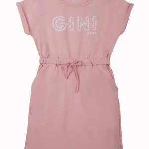 Gini And Jony Girls Pink Typographic Print Cotton Dress Half Sleeves