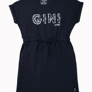 Gini And Jony Girls Navy Blue Typographic Print Cotton Dress Short Sleeves