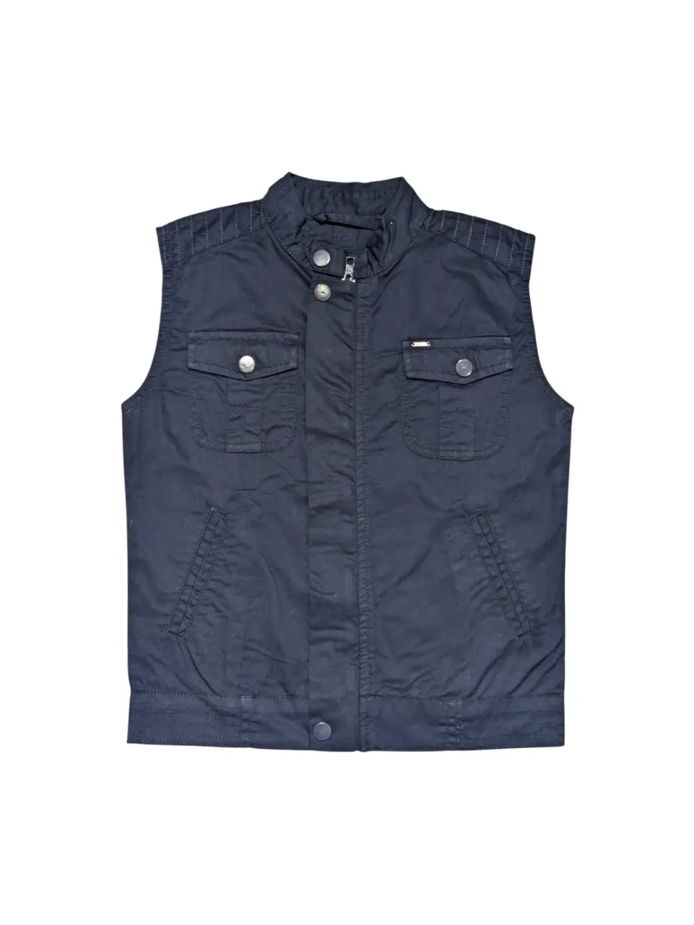 Gini And Jony Boys Navy Typographic Print Cotton Woven Jacket Sleeveless