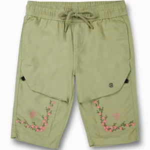 Gini And Jony Girls Green Embroidery Cotton Pedal Pusher Elasticated