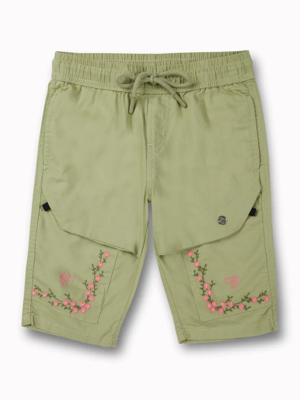 Gini And Jony Girls Green Embroidery Cotton Pedal Pusher Elasticated
