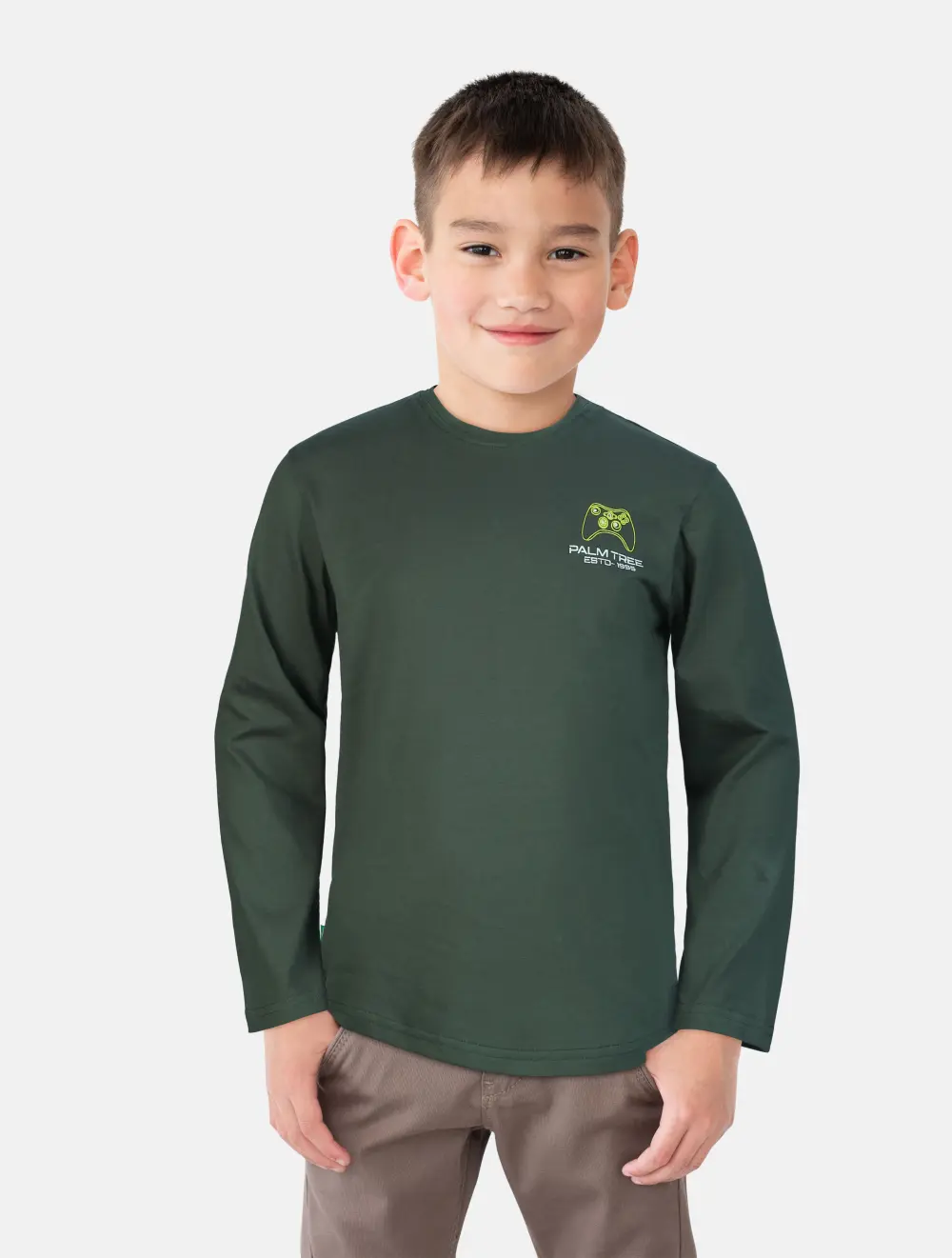 Palm Tree Boys Olive Graphic Print Cotton T-Shirt Full Sleeves
