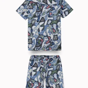 Palm Tree Boys White Abstract Print Polyster Co-Ordinate Half Sleeves
