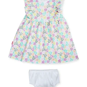 Gj Baby Girls White Floral Print Cotton Dress Half Sleeves