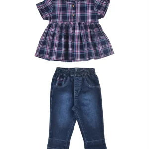 Gj Baby Girls Navy Checks Cotton Co-Ordinate Half Sleeves