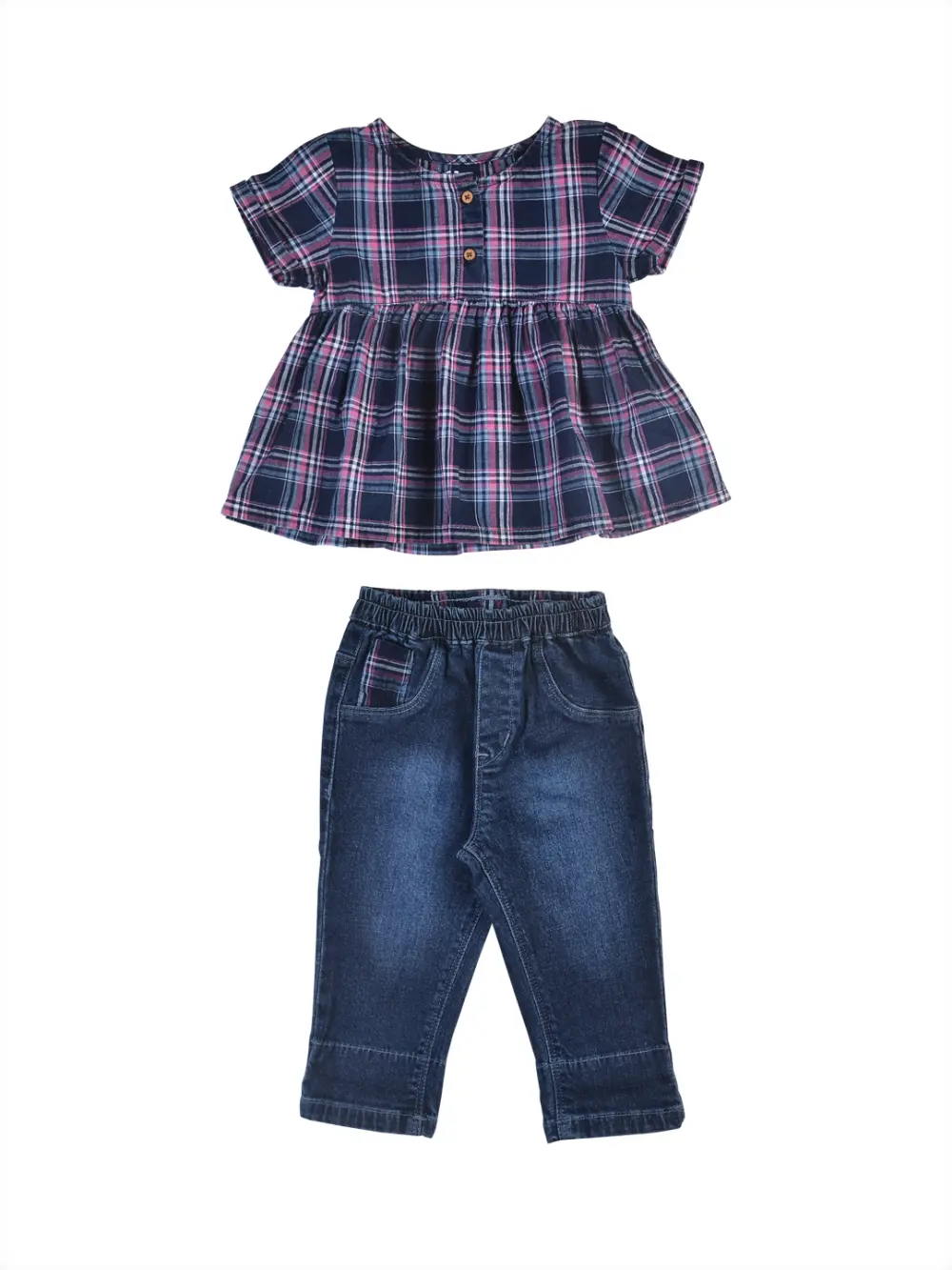 Gj Baby Girls Navy Checks Cotton Co-Ordinate Half Sleeves