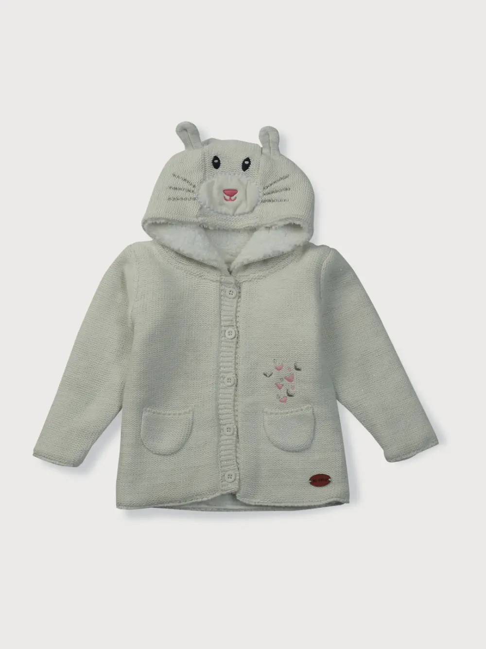 Gj Baby Girls White Applique Fleece Sweater Full Sleeves 0-3 Months