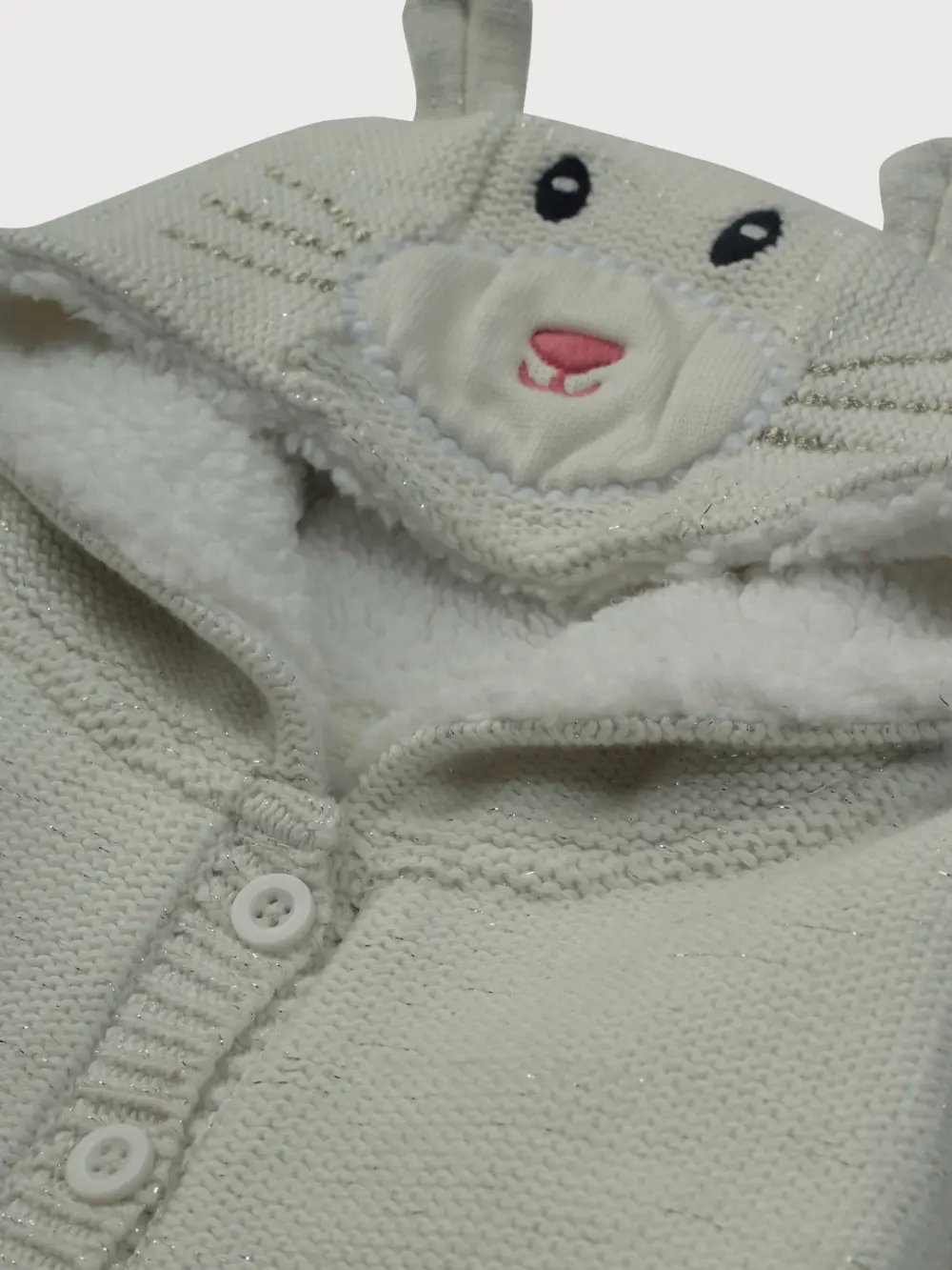 Gj Baby Girls White Applique Fleece Sweater Full Sleeves 0-3 Months