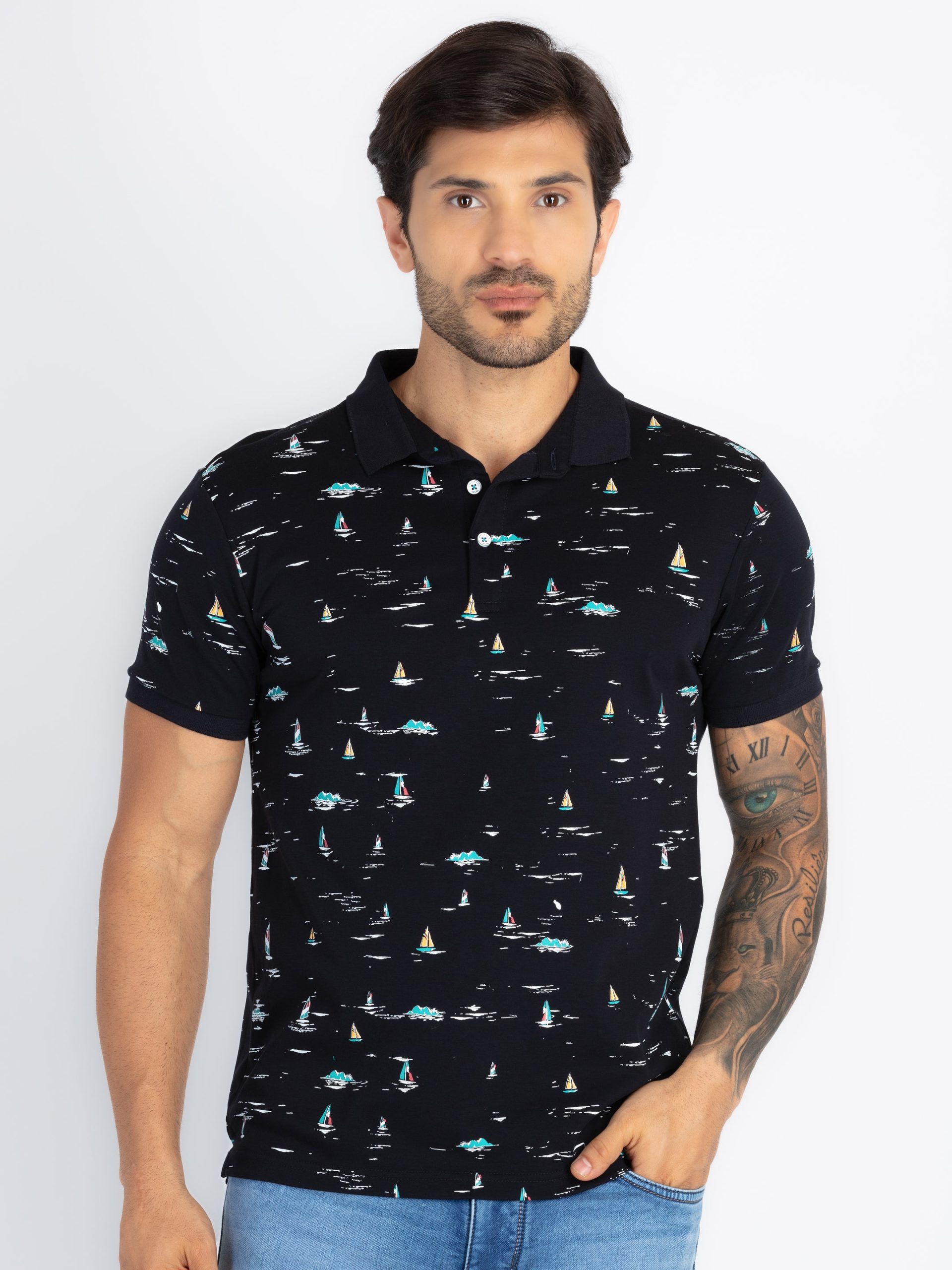 Status Quo Status Quo Men'S All Over Printed Polo Neck Regular Fit Tshirt