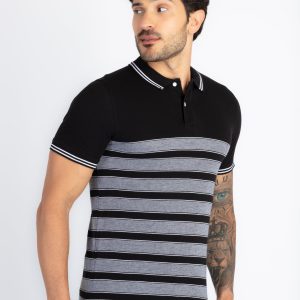 Status Quo Status Quo Men'S Striped Polo Neck Regular Fit Tshirt With Tipping Collar
