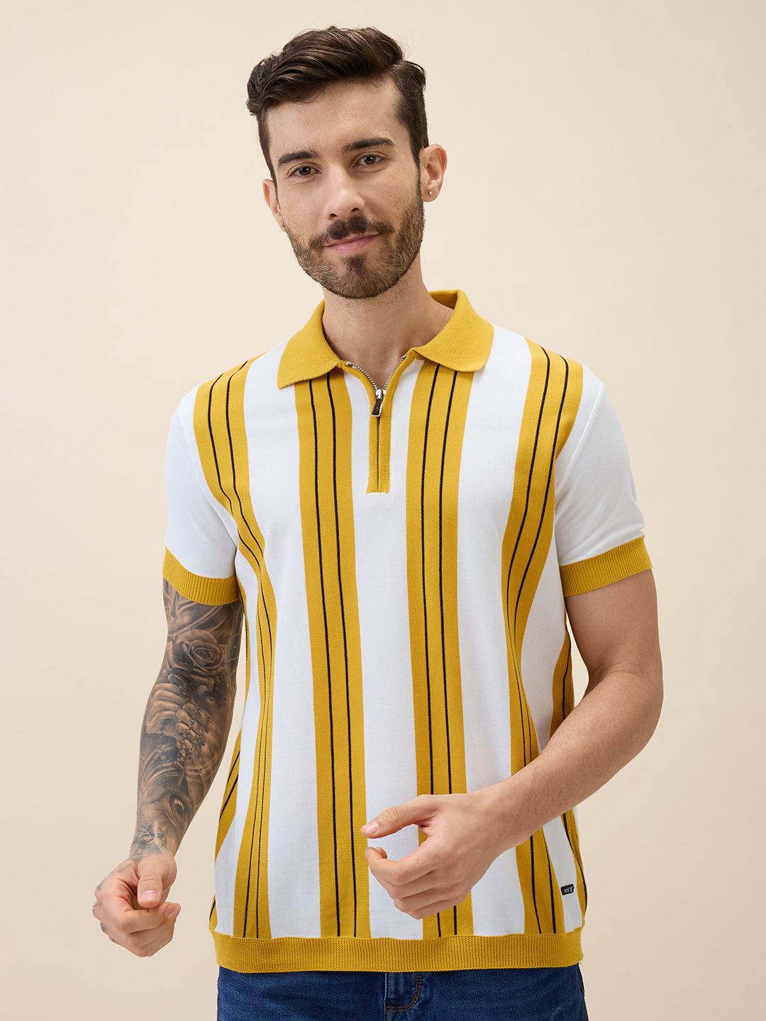 Status Quo Status Quo Men'S Striped Polo Collar Half Sleeves Regular Fit Tshirt