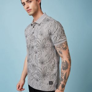 Status Quo Men'S Floral Printed Polo Collar Short Sleeves Regular Fit Tshirt
