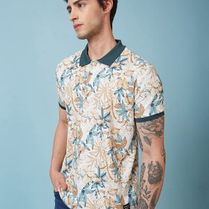 Status Quo Men'S Floral Printed Polo Collar Short Sleeves Regular Fit Tshirt