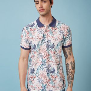 Status Quo Men'S Floral Printed Polo Collar Short Sleeves Regular Fit Tshirt