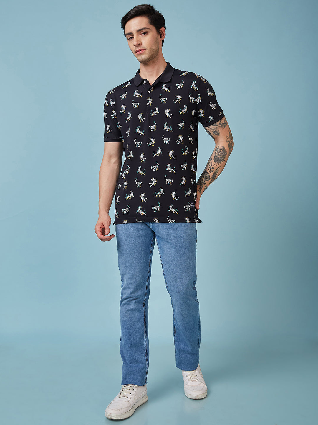 Status Quo Men'S Animal Printed Polo Collar Short Sleeves Regular Fit Tshirt