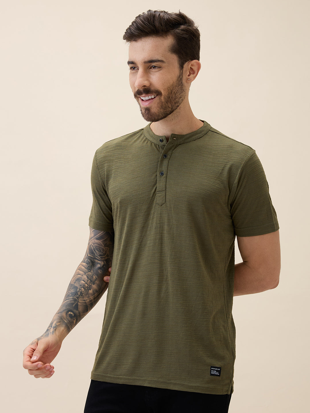 Status Quo Men'S Solid Henley Neck Half Sleeves Regular Fit Tshirt
