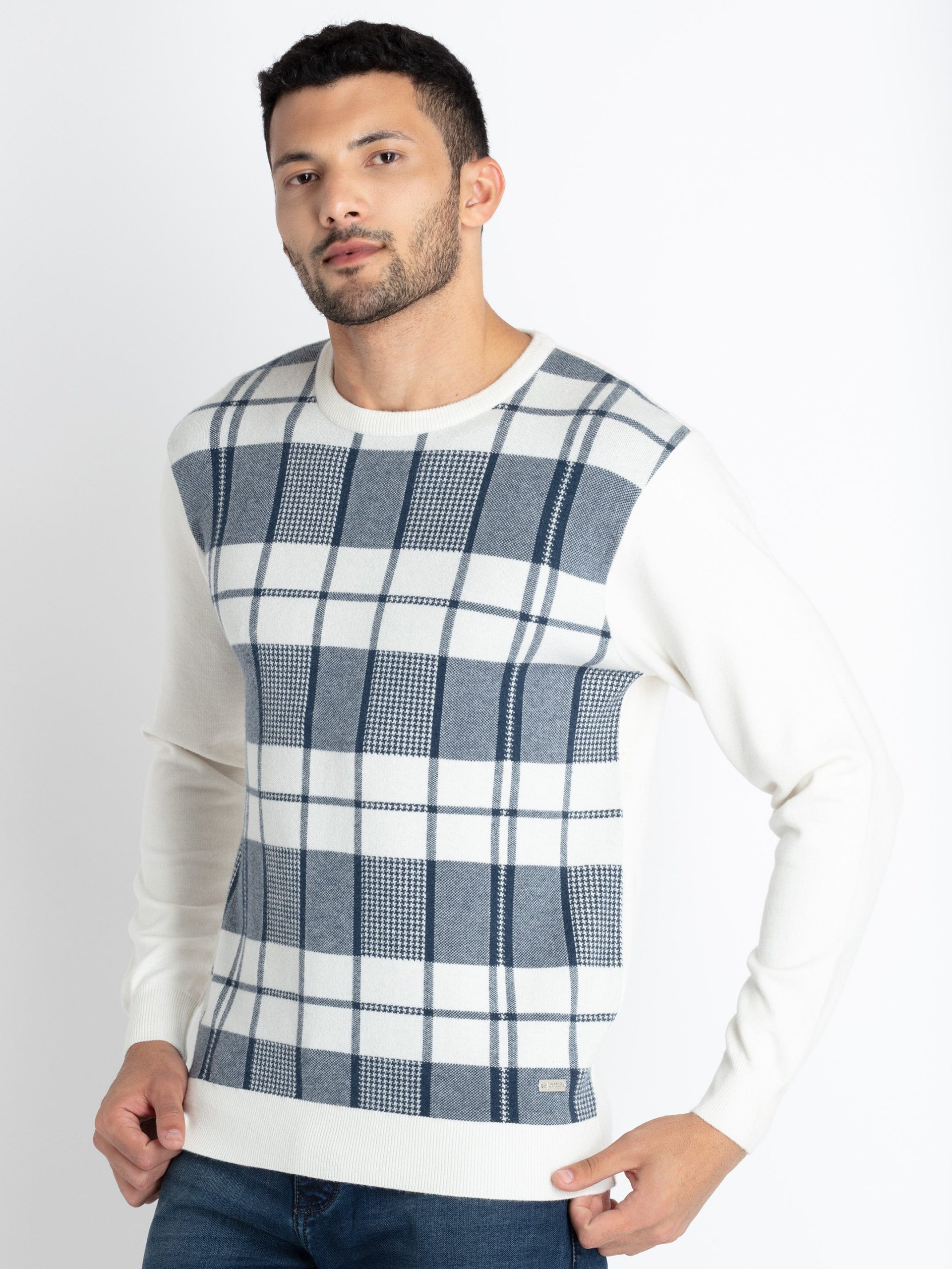 Mens Checkered Round Neck Sweater