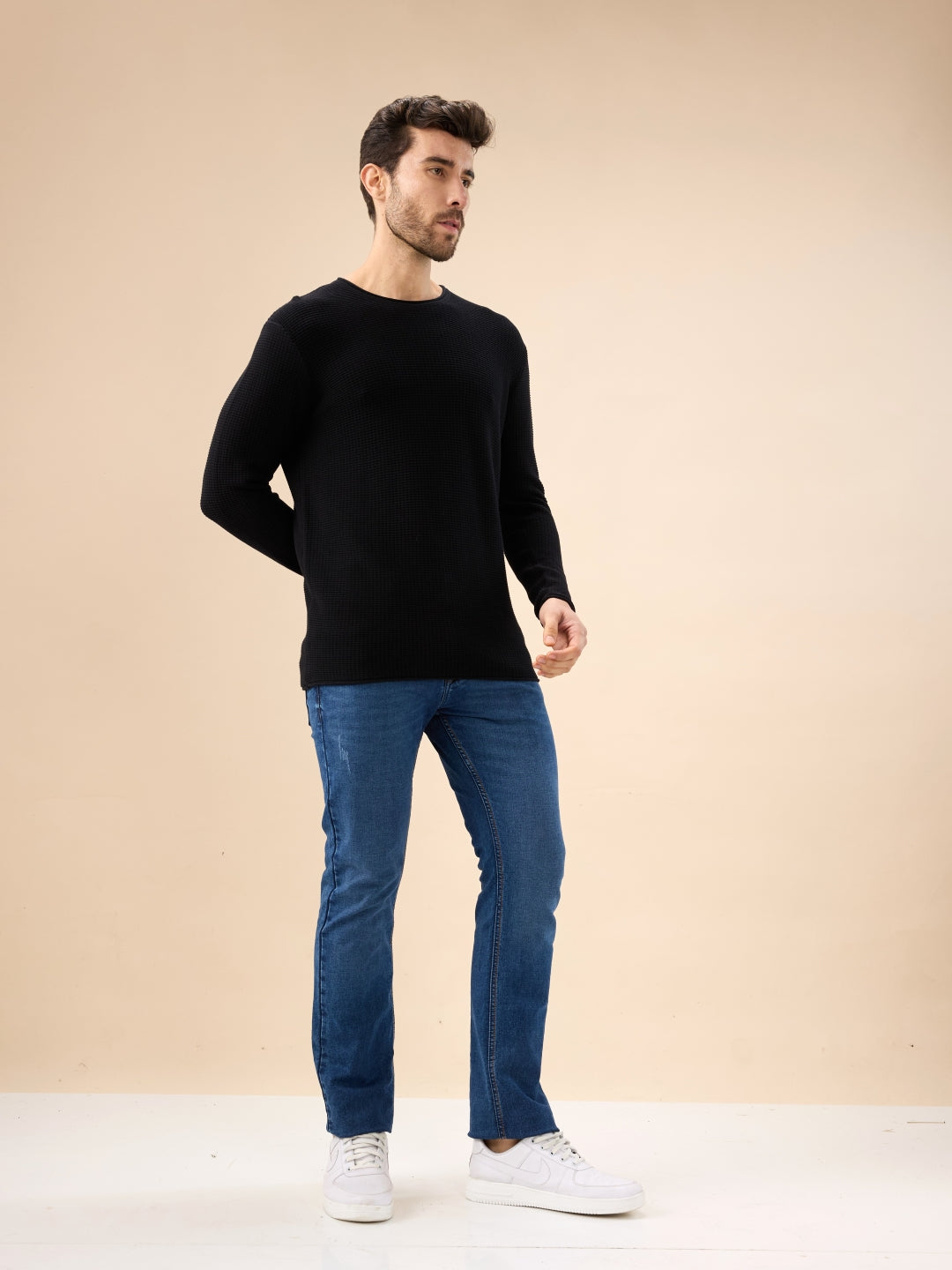Status Quo Men'S Basic Solid Textured Full Sleeves Round Neck Sweater