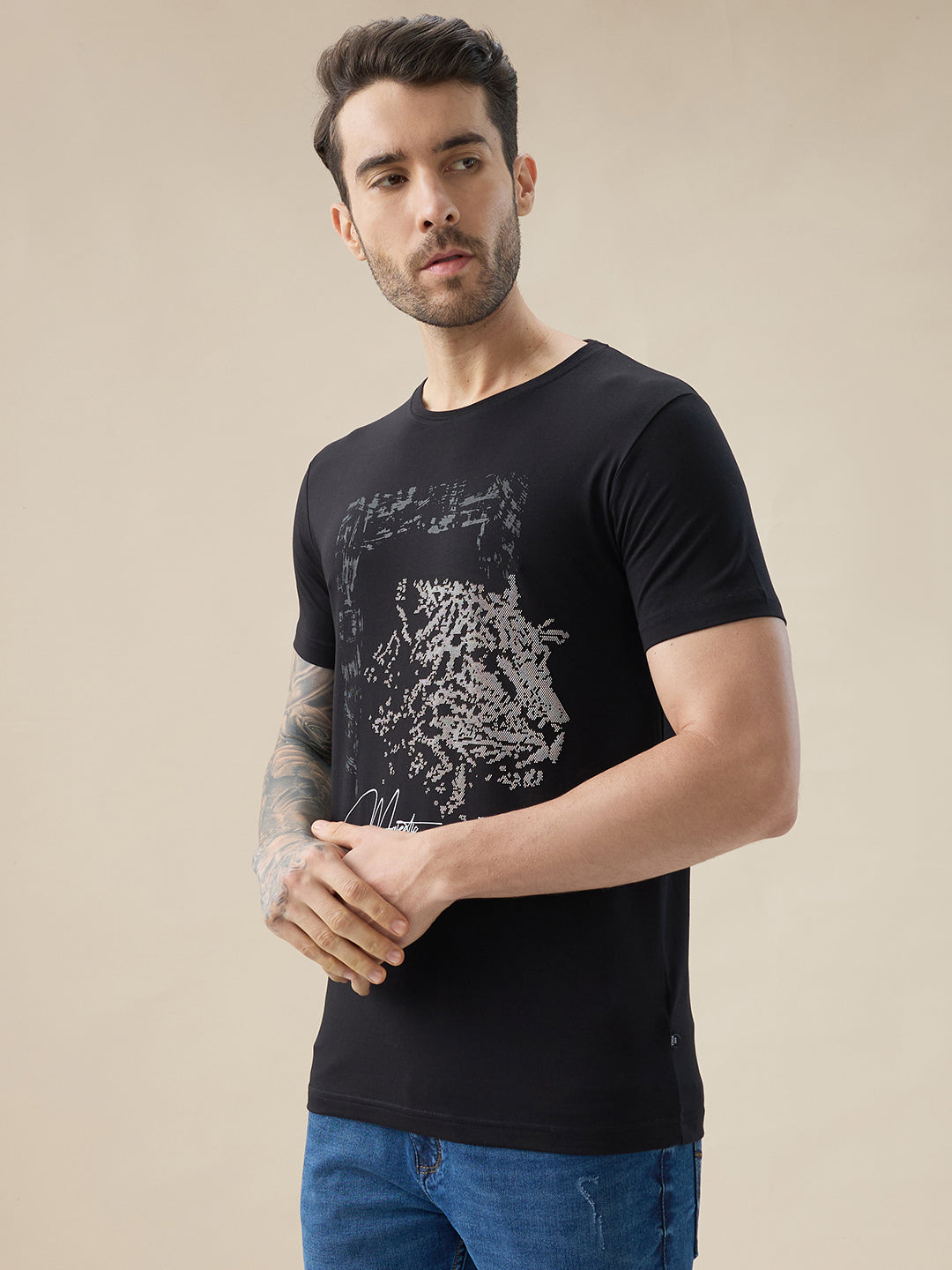 Status Quo Men'S Chest Rubberized Graphic Print Round Neck Half Sleeve Regular Fit T-Shirt