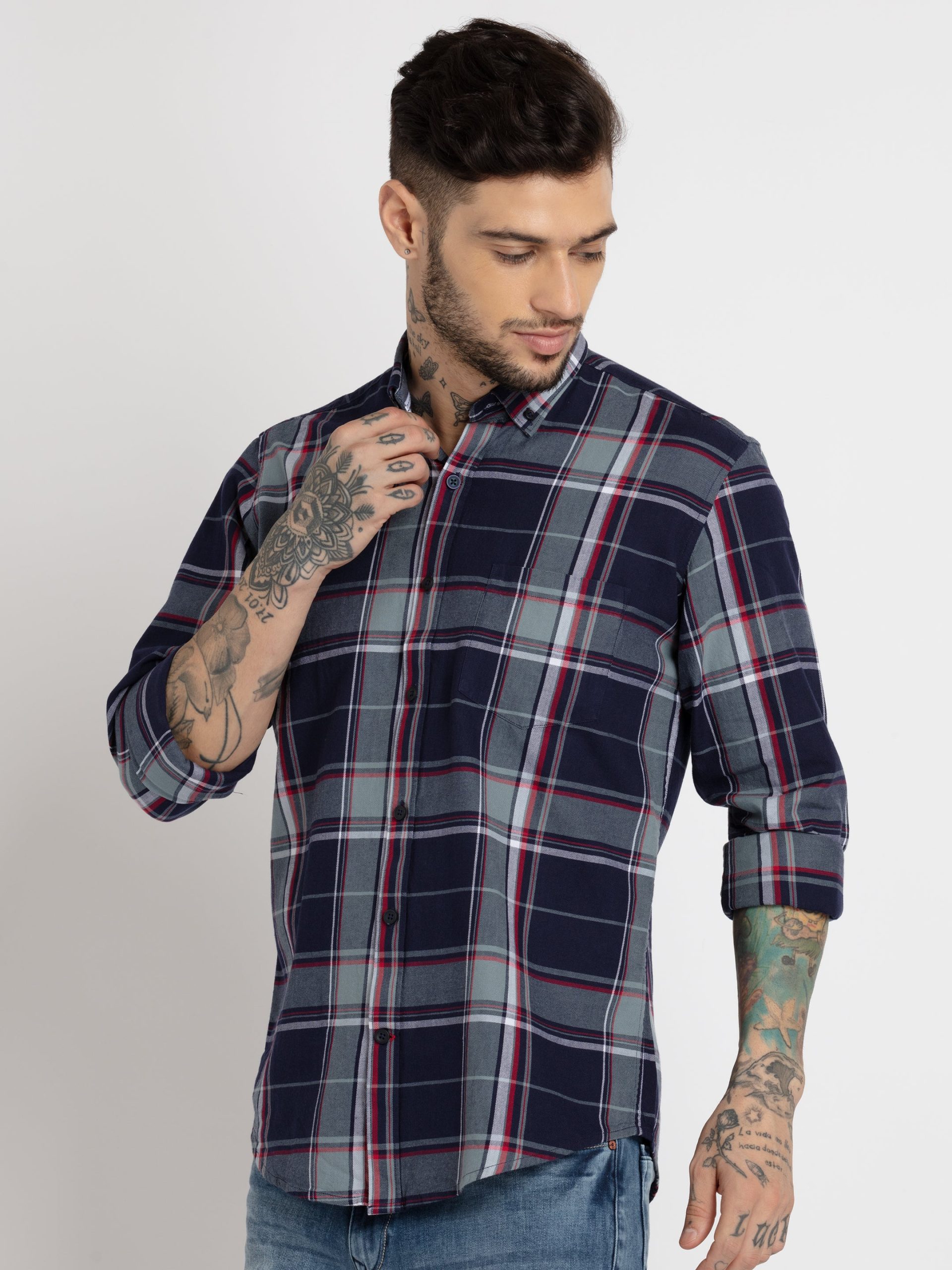 Status Quo Mens Checkered Cotton Slim Fit Shirt