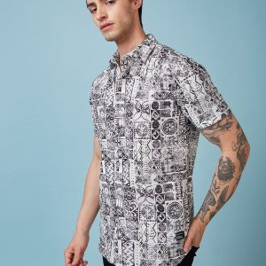 Status Quo Men'S Geometric Printed Half Sleeves Collared Neck Regular Fit Shirt