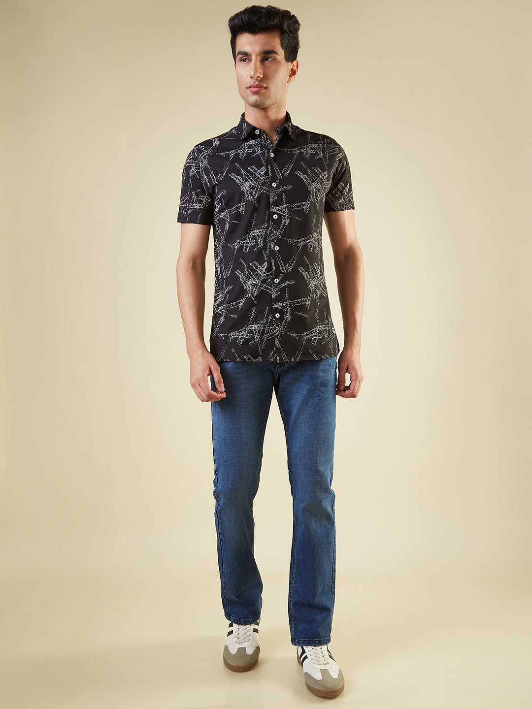 Status Quo Men'S Abstract Printed Half Sleeves Collared Neck Regular Fit Shirt