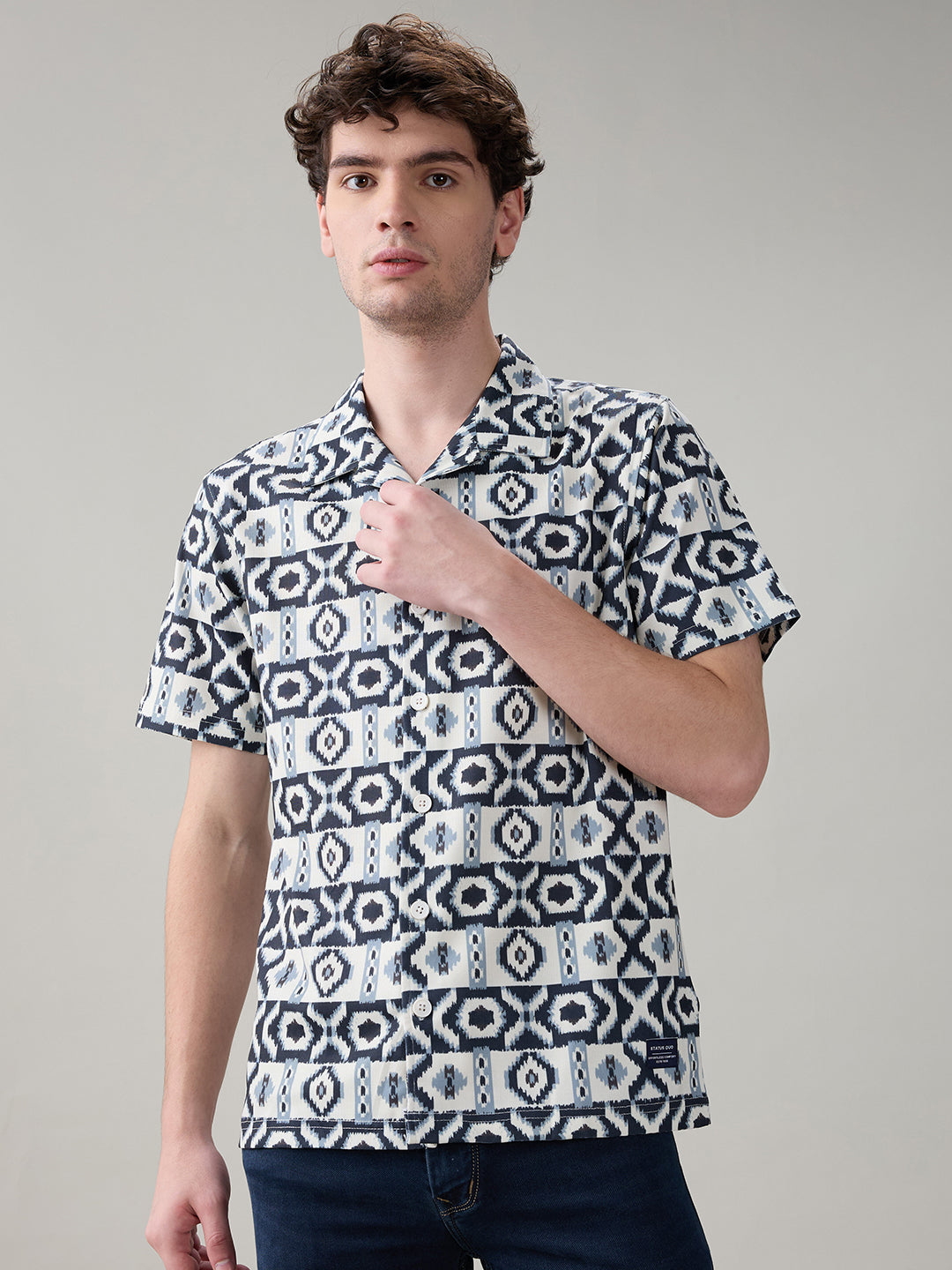 Status Quo Men'S Geometric Printed Cuban Collar Half Sleeves Regular Fit Shirt
