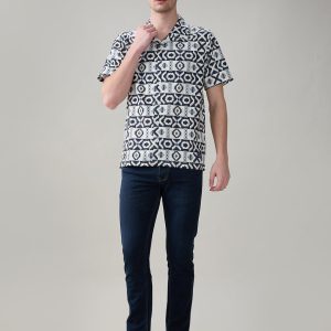 Status Quo Men'S Geometric Printed Cuban Collar Half Sleeves Regular Fit Shirt