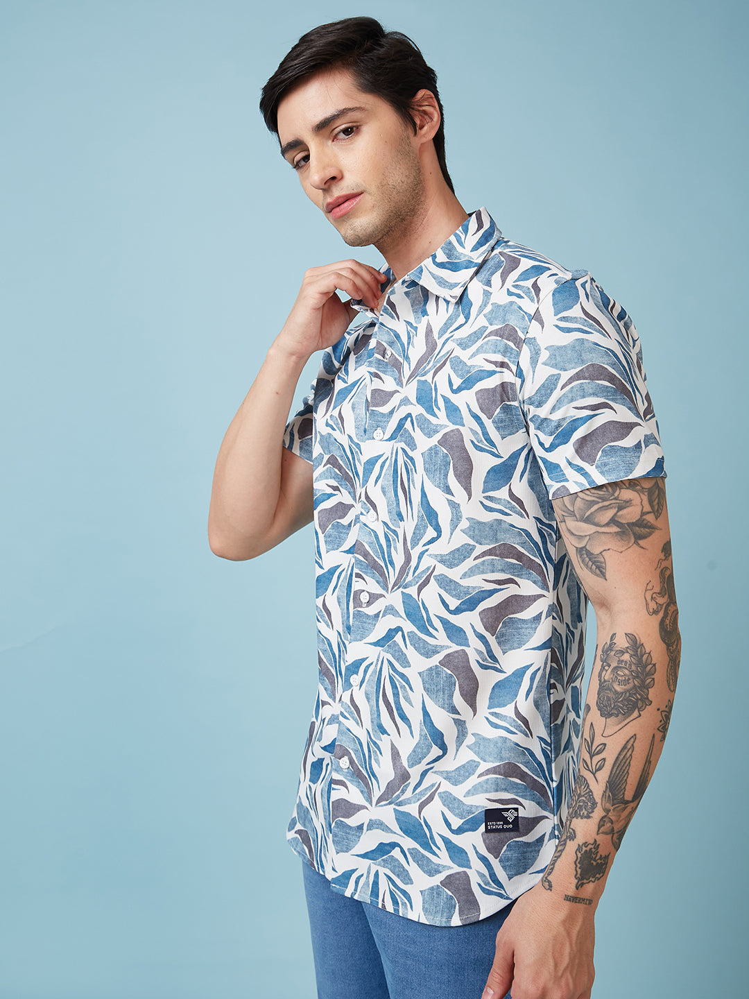Status Quo Men'S Abstract Printed Half Sleeves Collared Neck Regular Fit Shirt