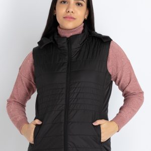 Womens Quilted Sleeveless Jacket With Detachable Hood