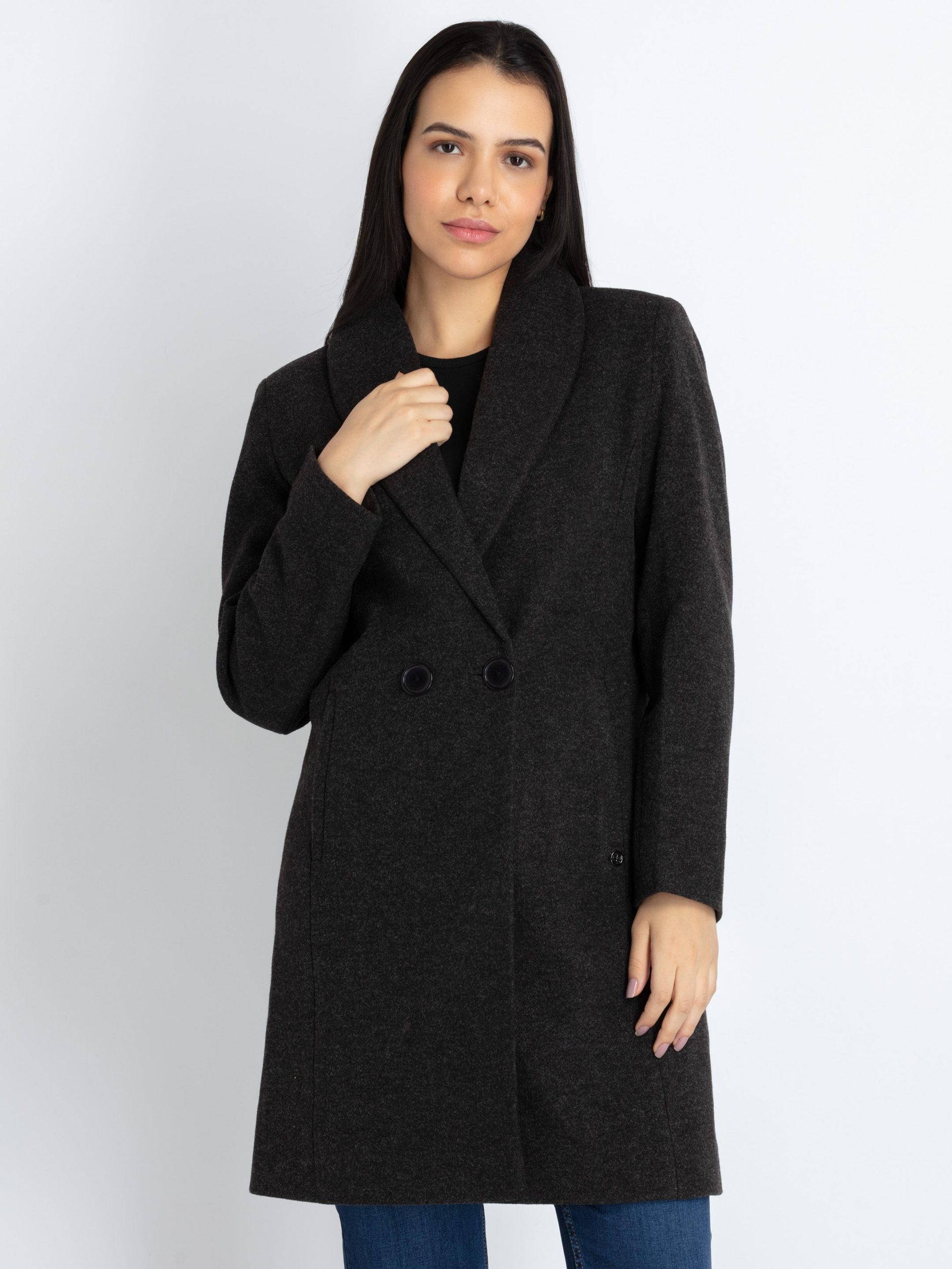 Status Quo Womens Solid Collared Neck Long Coat