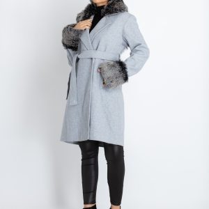 Womens Solid Long Coat With Detachable Fur Collar