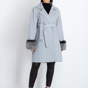 Womens Solid Long Coat With Detachable Fur Collar